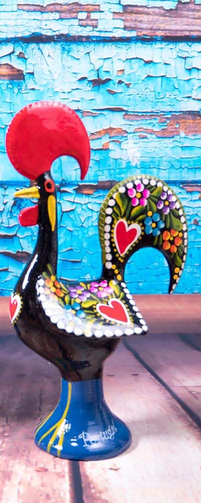 25cm black hand-painted metal Galo de Barcelos rooster on display