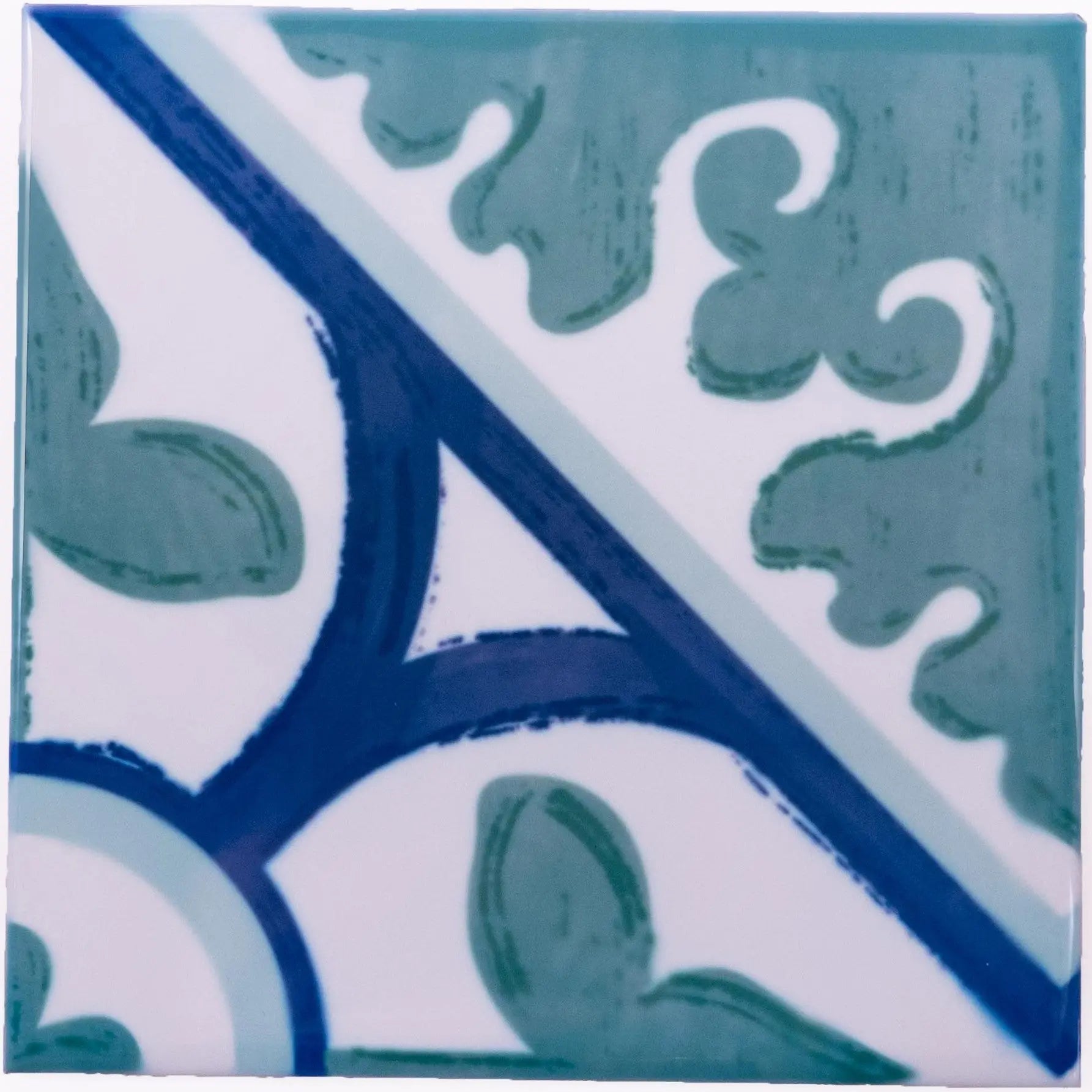 Portuguese Inspired Azulejos Diamond Flower Green Ceramic Tile-Rooster Camisa