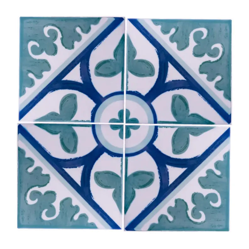 Portuguese Inspired Azulejos Diamond Flower Green Ceramic Tile-Rooster Camisa