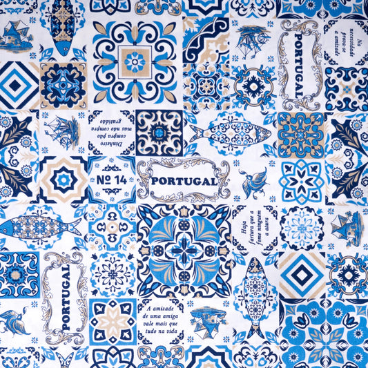 Casa Portuguesa Blue and Taupe Fabric by Yard-Rooster Camisa