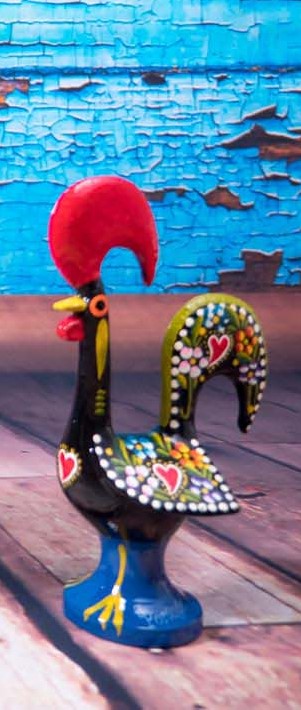 16cm black hand-painted metal Galo de Barcelos rooster on display