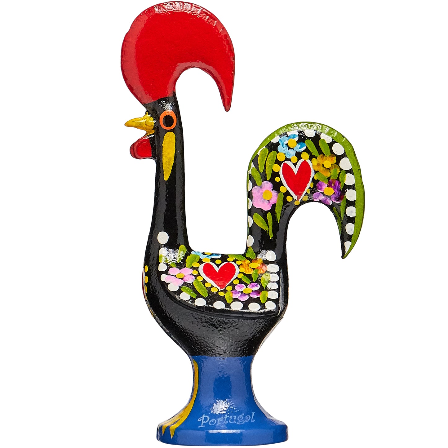 Decorative rooster figurine with floral patterns and hearts on a white background