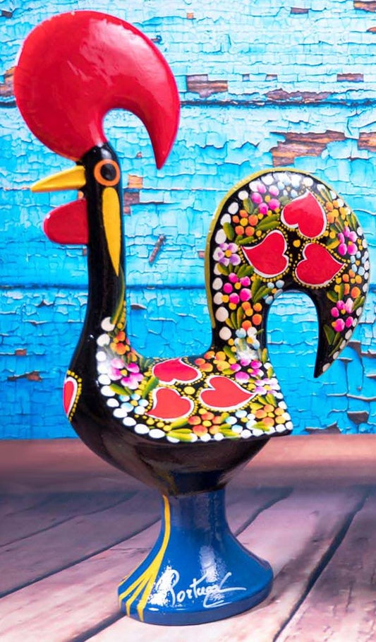 35cm black hand-painted metal Galo de Barcelos rooster on display