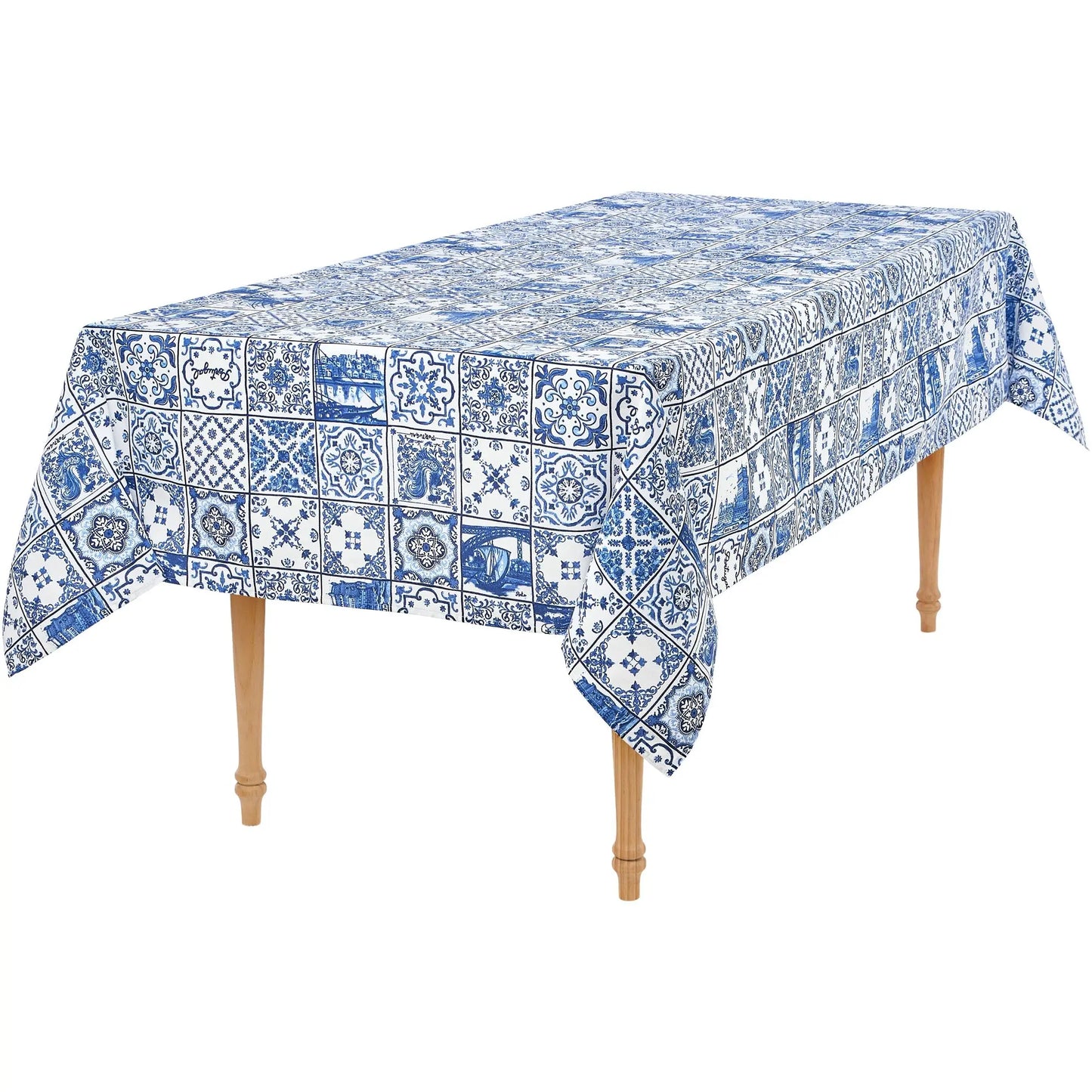 Portuguese Inspired Azulejos Tile Tablecloth on table-Rooster Camisa 